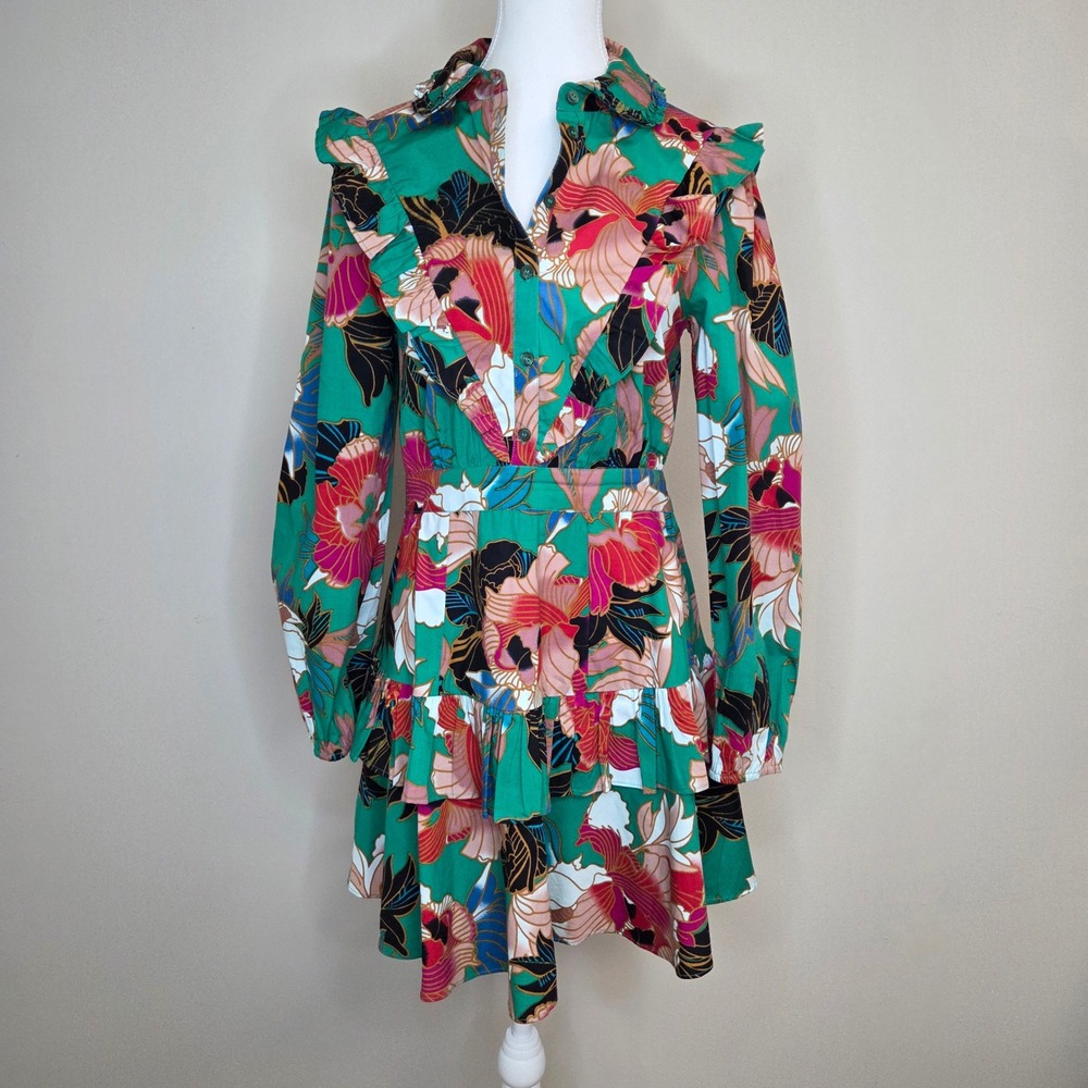 Walter Baker Green Floral Ruffle Mini Dress Long Sleeve Cotton W71427 Womens 6